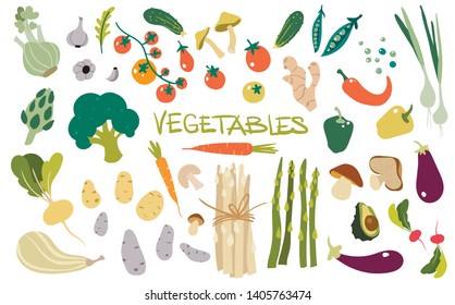 Hand drawn fresh delicious vegetables. Package of healthy and tasty vegan products, healthy vegetarian food. Flat cartoon vector illustration. Vector illustration for menu design, packaging.