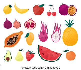 Hand drawn fresh fruit design elements isolated on white background. Vector watercolor painted collection of fruits.