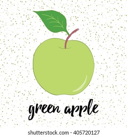 Hand drawn fresh green apple with leaves on the white background with drops. The fresh fruit made on doodle style. Organic food for restaurant menu or open market design.