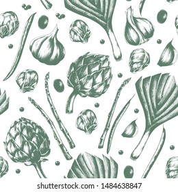 Hand drawn fresh green leek, brussel sprouts, asparagus, garlic, beans and artichoke. Vector seamless pattern with healthy vegetarian food.