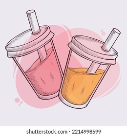 Hand drawn fresh juice beverage flavors cups, vintage sketch tasty juice cups 
