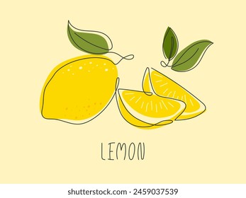 Hand drawn fresh juicy Lemon. Tropical citrus fruit background. Element for design. Doodle outline illustration. Ingredient for lemonade, cocktail, tea, dessert