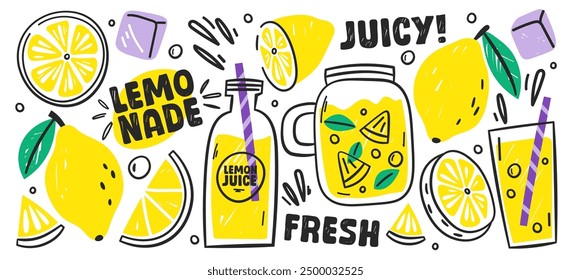 Limonada de limón fresca y jugosa dibujada a mano en vidrio, frasco o jarra y frutas, conjunto de bocetos de ingredientes de azúcar. Cítricos amarillos coloridos y deliciosa bebida, cóctel para la Ilustración vectorial de refresco de verano