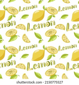 Hand drawn fresh lemon with lettering vector seamless pattern background. Bright retro design for wallpaper, fabric, juice packaging
