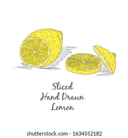 Hand Drawn Fresh Lemon Sliced on Peaces. Lemon Core Colored with Range of Yellows. Line Art Illustration. Design Element for Various Products. Vector EPS10