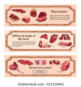 Hand drawn fresh meat horizontal banners with text and different parts of cutting beef vector illustration 