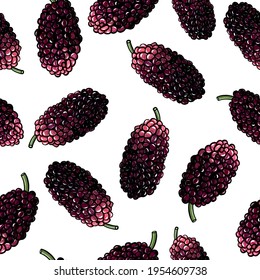 Hand drawn fresh mulberries vector seamless pattern on white background Juicy black and red mulberries background Mulberries texture for printing on textiles, wrapping paper, wallpaper, card or else 