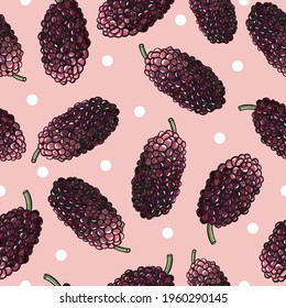 Patrón sin fisuras del vector de mulberas frescas dibujadas a mano en rosa   fondo de mora negra y roja de fondo Mulberries textura para imprimir sobre textiles, papel de envoltura, papel de pared, tarjeta u otra