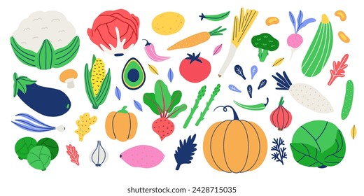 Hand drawn fresh organic vegetables set. Natural healthy food products. Different agriculture harvest in trendy color. Vector illustration bundle