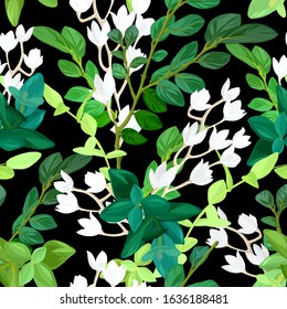 Hand drawn fresh spring seamless pattern. Floral background design with green leaves, succulent plants and white lily flowers. Vector Illustration.