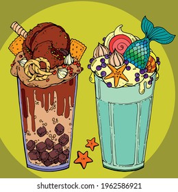 Hand drawn fresh summer dessert drinks vector art illustration chocolate milkshake and mermaid tail with colourful fruits. Template design for colouring page, greeting card, menu icon, bakery, pattern