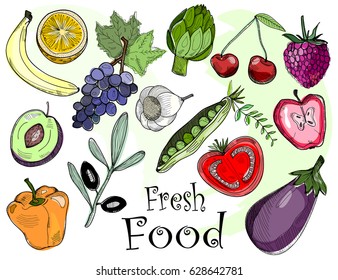 Hand drawn fresh tasty fruits and vegetables. Vector set