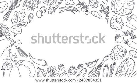Hand drawn fresh vegetable background frame, banner with organic farmer harvest doodles. Border template with various vegetables sketches, healthy food ingredients vector design element illustration