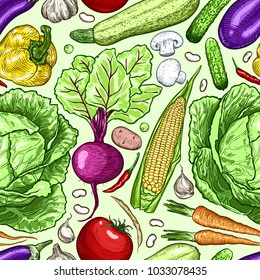Hand drawn fresh vegetables seamless pattern. Natural healthy food background. Full editable mask. Template for your design works. Engraved style vector illustration.