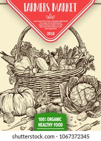 Hand drawn fresh vegetables in wicker basket. Template for your design works. Engraved style vector illustration.
