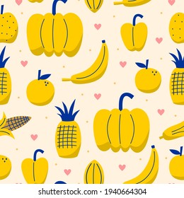 Hand drawn fresh yellow fruit seamless pattern. Tropical fruits includes banana, apple, pineapple, orange, lemon etc. Decorative sketch, good for printing. Vector illustration on white background