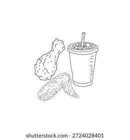 Dibujado a mano pollo frito y bebida ilustración de arte de línea. Alas de palillo de pollo con botella de taza. Vector de croquis de comida rápida para el empaquetado del cartel del menú.
