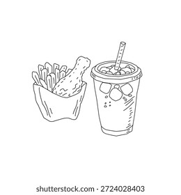 Dibujado a mano pollo frito y bebida ilustración de arte de línea. Alas de palillo de pollo con botella de taza. Vector de croquis de comida rápida para el empaquetado del cartel del menú.