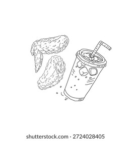 Dibujado a mano pollo frito y bebida ilustración de arte de línea. Alas de palillo de pollo con botella de taza. Vector de croquis de comida rápida para el empaquetado del cartel del menú.
