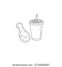 Dibujado a mano pollo frito y bebida ilustración de arte de línea. Alas de palillo de pollo con botella de taza. Vector de croquis de comida rápida para el empaquetado del cartel del menú.