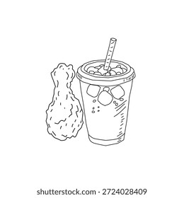 Dibujado a mano pollo frito y bebida ilustración de arte de línea. Alas de palillo de pollo con botella de taza. Vector de croquis de comida rápida para el empaquetado del cartel del menú.