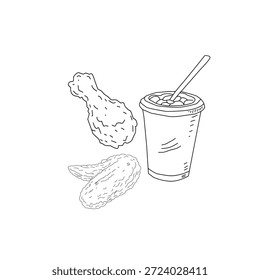 Dibujado a mano pollo frito y bebida ilustración de arte de línea. Alas de palillo de pollo con botella de taza. Vector de croquis de comida rápida para el empaquetado del cartel del menú.