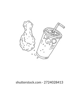 Dibujado a mano pollo frito y bebida ilustración de arte de línea. Alas de palillo de pollo con botella de taza. Vector de croquis de comida rápida para el empaquetado del cartel del menú.