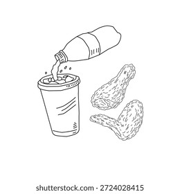 Dibujado a mano pollo frito y bebida ilustración de arte de línea. Alas de palillo de pollo con botella de taza. Vector de croquis de comida rápida para el empaquetado del cartel del menú.
