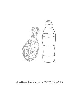 Dibujado a mano pollo frito y bebida ilustración de arte de línea. Alas de palillo de pollo con botella de taza. Vector de croquis de comida rápida para el empaquetado del cartel del menú.