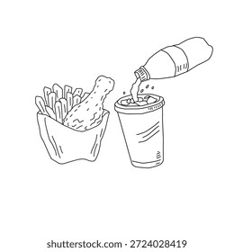 Dibujado a mano pollo frito y bebida ilustración de arte de línea. Alas de palillo de pollo con botella de taza. Vector de croquis de comida rápida para el empaquetado del cartel del menú.