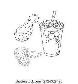 Dibujado a mano pollo frito y bebida ilustración de arte de línea. Alas de palillo de pollo con botella de taza. Vector de croquis de comida rápida para el empaquetado del cartel del menú.