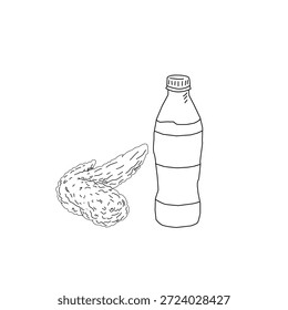 Dibujado a mano pollo frito y bebida ilustración de arte de línea. Alas de palillo de pollo con botella de taza. Vector de croquis de comida rápida para el empaquetado del cartel del menú.