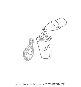 Dibujado a mano pollo frito y bebida ilustración de arte de línea. Alas de palillo de pollo con botella de taza. Vector de croquis de comida rápida para el empaquetado del cartel del menú.