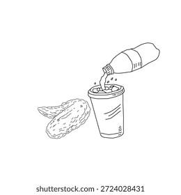 Dibujado a mano pollo frito y bebida ilustración de arte de línea. Alas de palillo de pollo con botella de taza. Vector de croquis de comida rápida para el empaquetado del cartel del menú.