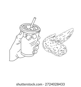 Dibujado a mano pollo frito y bebida ilustración de arte de línea. Alas de palillo de pollo con botella de taza. Vector de croquis de comida rápida para el empaquetado del cartel del menú.