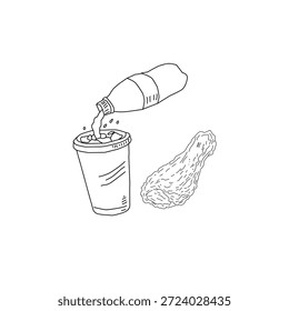 Dibujado a mano pollo frito y bebida ilustración de arte de línea. Alas de palillo de pollo con botella de taza. Vector de croquis de comida rápida para el empaquetado del cartel del menú.