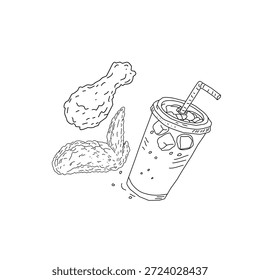 Dibujado a mano pollo frito y bebida ilustración de arte de línea. Alas de palillo de pollo con botella de taza. Vector de croquis de comida rápida para el empaquetado del cartel del menú.