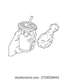 Dibujado a mano pollo frito y bebida ilustración de arte de línea. Alas de palillo de pollo con botella de taza. Vector de croquis de comida rápida para el empaquetado del cartel del menú.