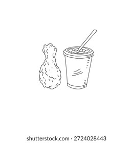 Dibujado a mano pollo frito y bebida ilustración de arte de línea. Alas de palillo de pollo con botella de taza. Vector de croquis de comida rápida para el empaquetado del cartel del menú.