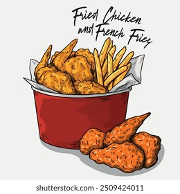 Hand drawn Fried Chicken and French Fries in Bucket