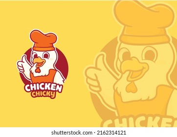 Logo del pollo frito dibujado a mano con una mascota de pasamanos de pollo 