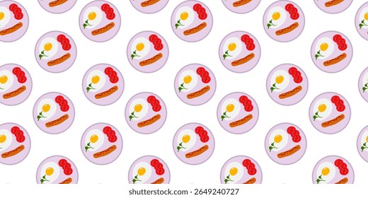 Ovo frito desenhado à mão Tomate Microgreen fatiado e grelhado Salsicha em placa de lavanda Padrão sem costura