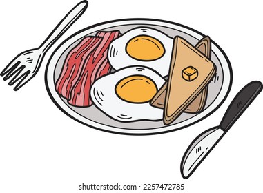 Hand Drawn Fried eggs and bacon on a plate illustration in doodle style isolated on background