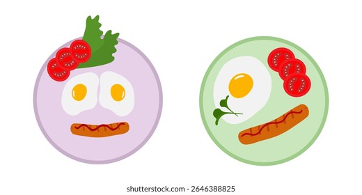 Hand Drawn Fried eggs and sausage and tomato slices on plate Breakfast or Motivation design idea Set