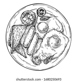 Hand drawn fried eggs with sausages, tomato, butter and toasts.
Sketch top view breakfast.