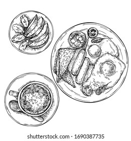 Hand drawn fried eggs with sausages, tomato, butter and toasts.Sliced fruit on a plate: apple and banana. Cup of tea, coffee, hot chocolate on plate. Sketch top view breakfast.