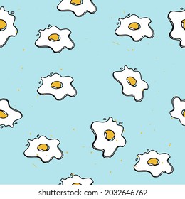 Hand drawn fried eggs seamless pattern on blue background. Flat simple design for textile, wrapping paper, banner, backdrop. Vector illustration isolated on blue background.