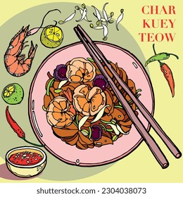 Hand drawn fried flat noodle with ingredients around the plate, Chinese food menu