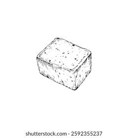 Hand drawn fried tofu vintage illustration. Engraving style black and white on white backgrounds. Vector