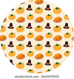 Hand drawn Fried Turkey on plate Orange Pumpkin and Pilgrim Hat Seamless Pattern on Circle Backdrop